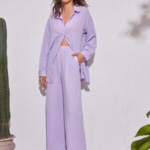 PURPLE BUTTON DOWN SLIT HEM BLOUSE AND WIDE LEG PANTS TEXTURED SET STREETWEAR